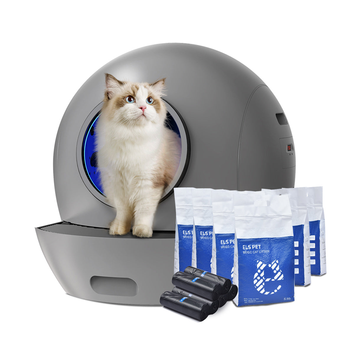 Els Pet Spaceship Self-Cleaning Litter Box with 6 Bags of Litter & Trash Bags