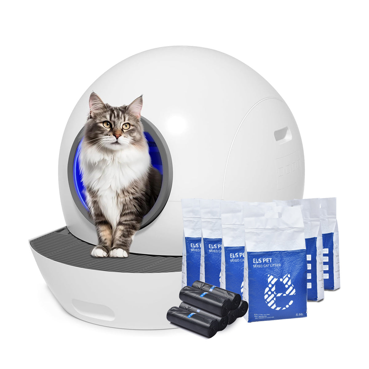 Els Pet Spaceship Self-Cleaning Litter Box with 6 Bags of Litter & Trash Bags